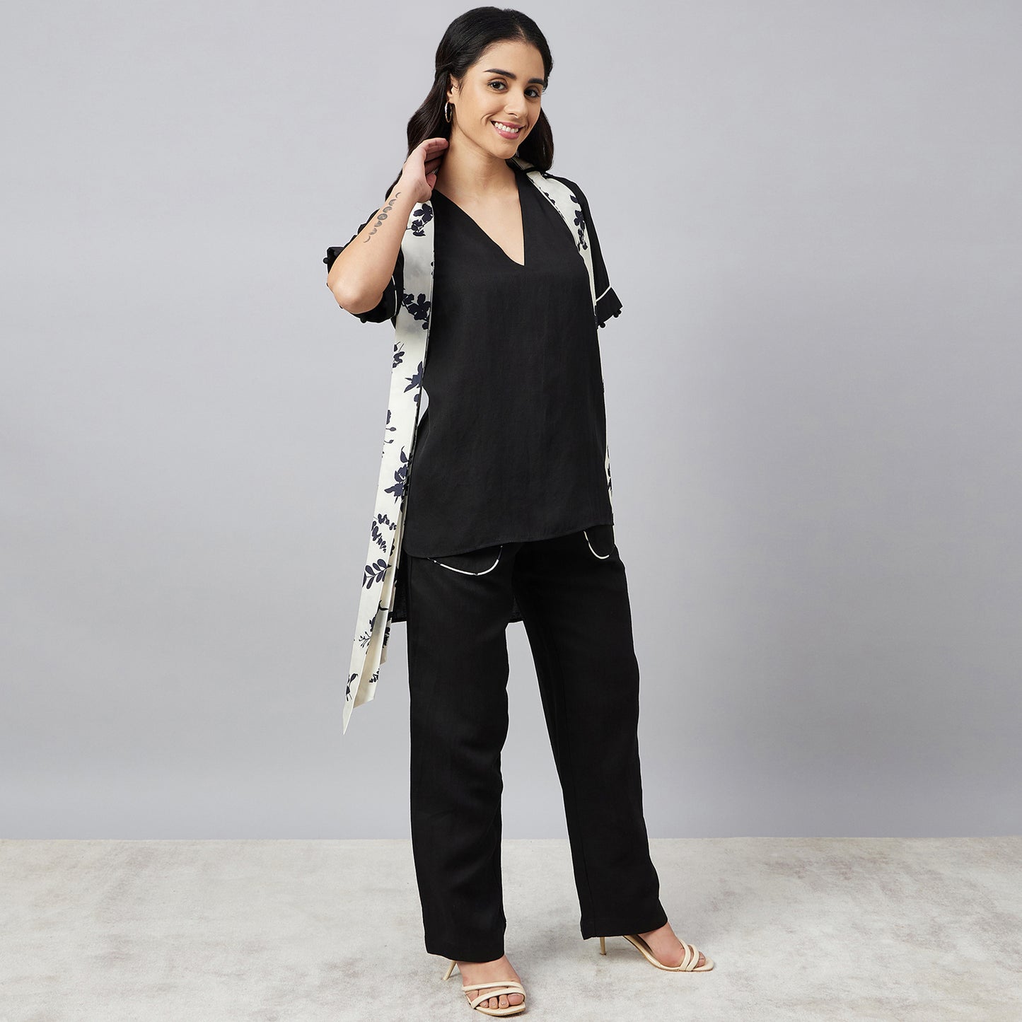 Black and Ivory Linen Top and Pants Set