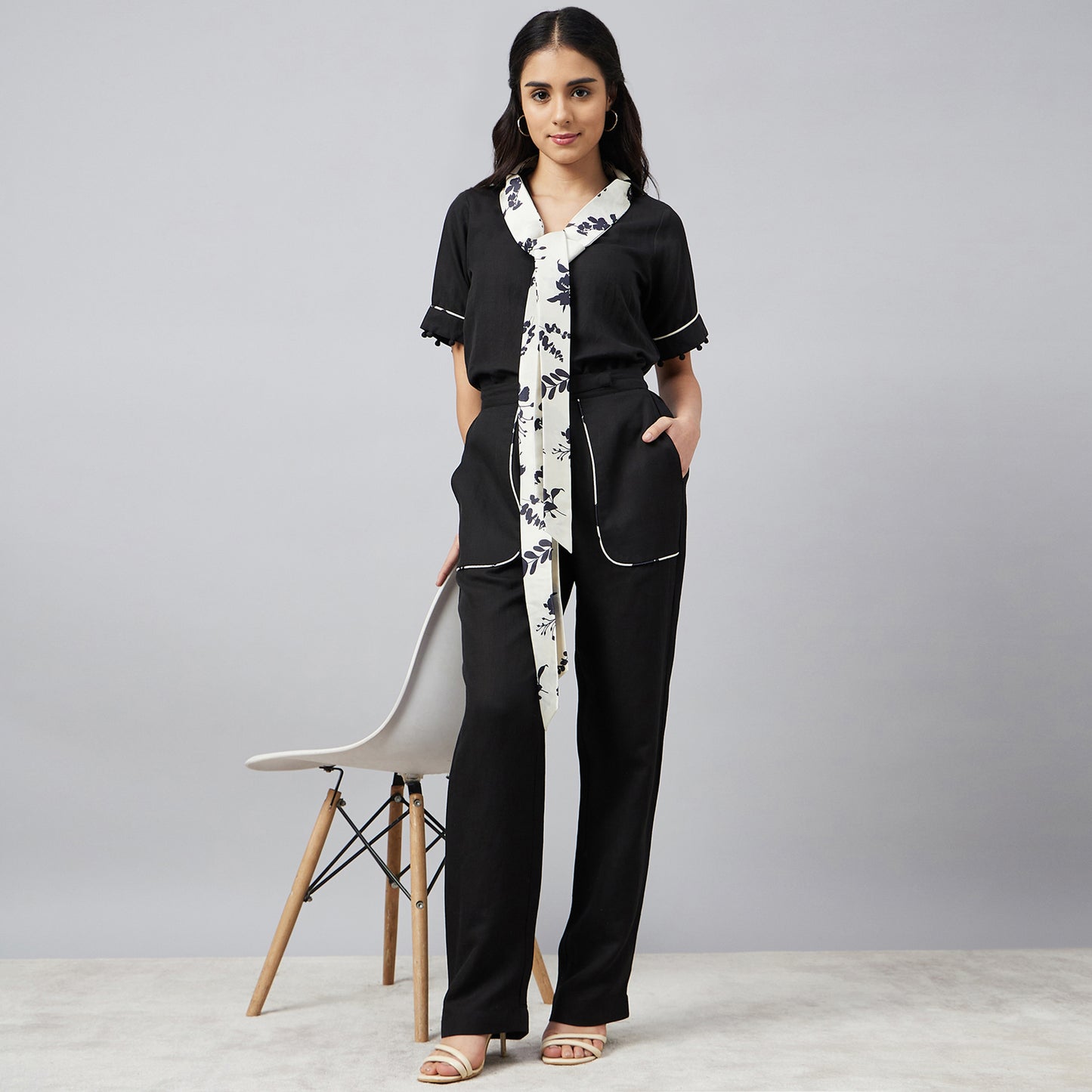 Black and Ivory Linen Top and Pants Set