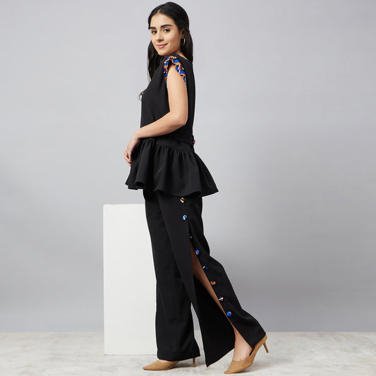 Black Peplum Top and Button Down Straight Pants Set