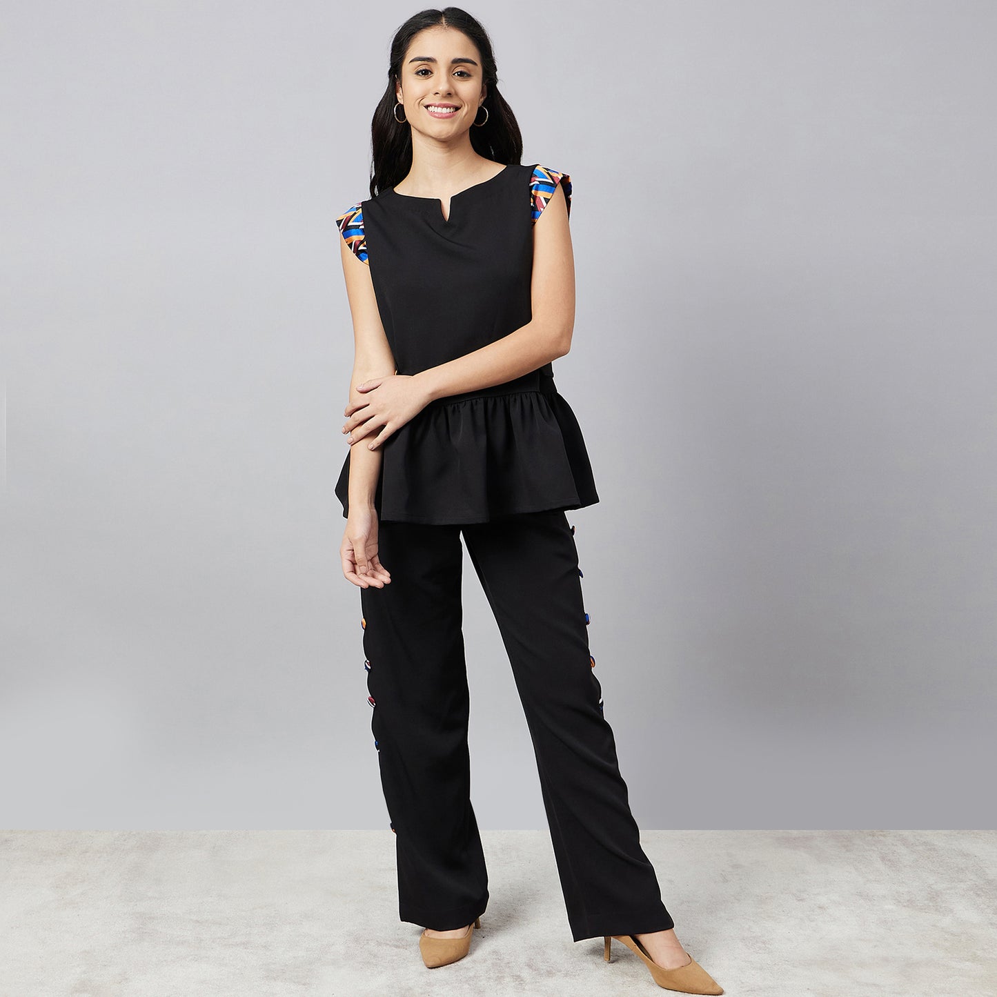 Black Peplum Top and Button Down Straight Pants Set