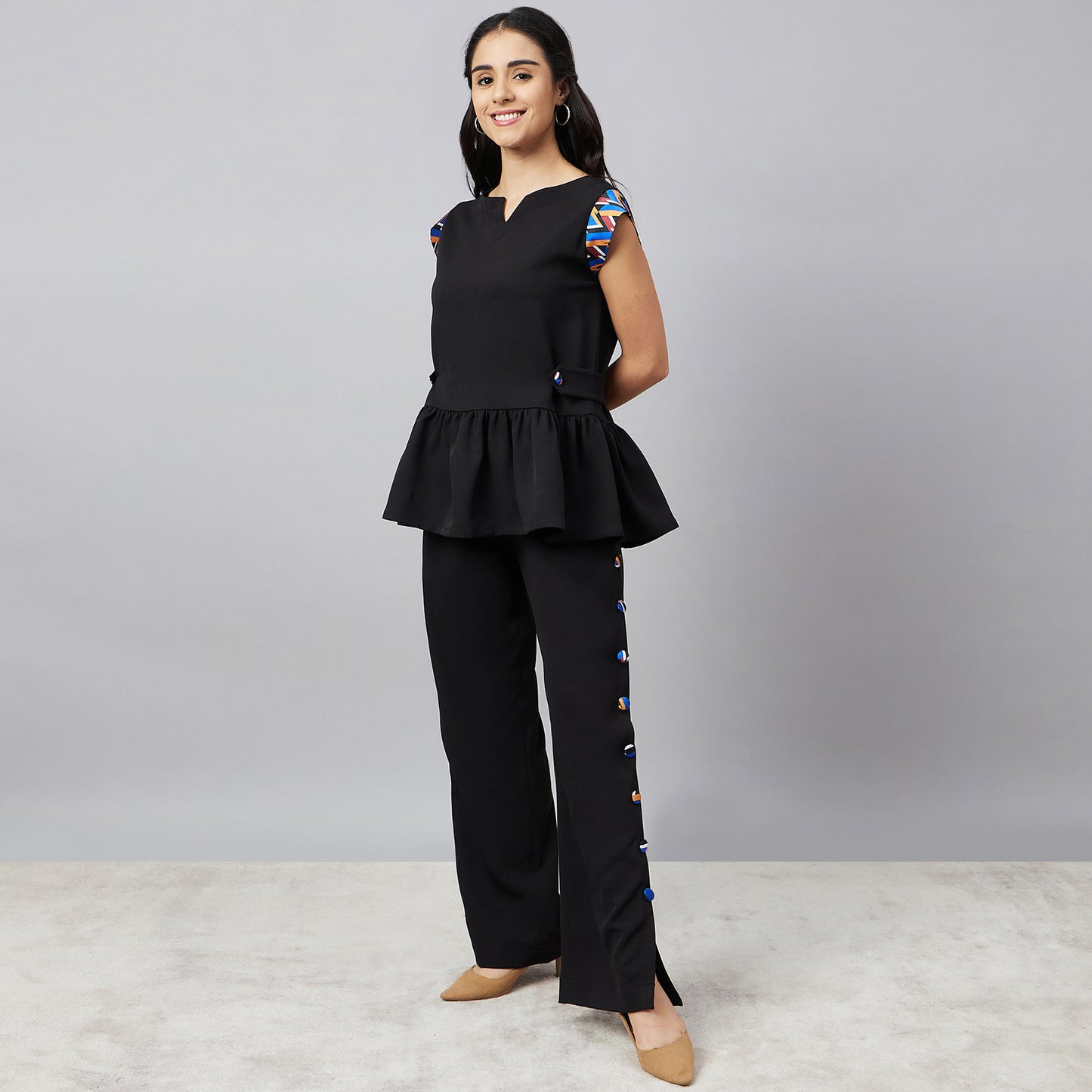 Black Peplum Top and Button Down Straight Pants Set