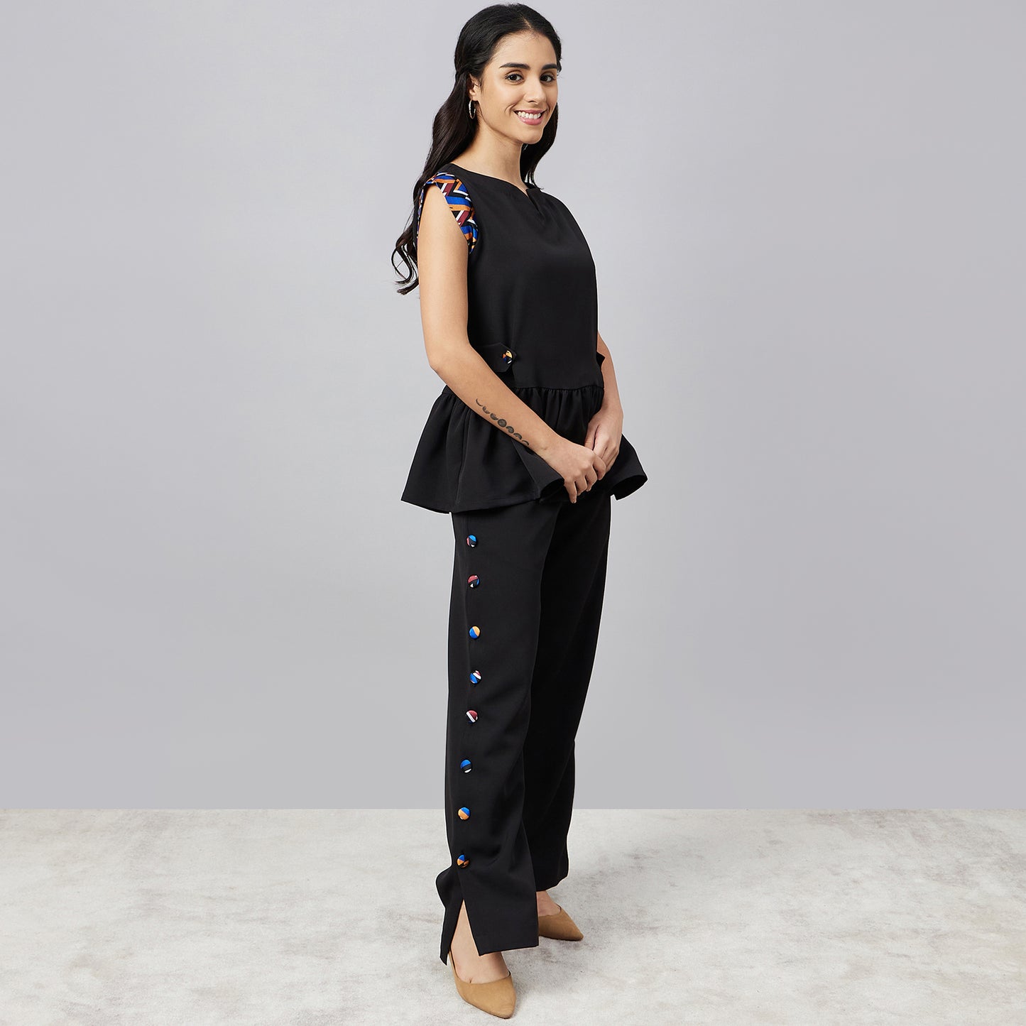 Black Peplum Top and Button Down Straight Pants Set