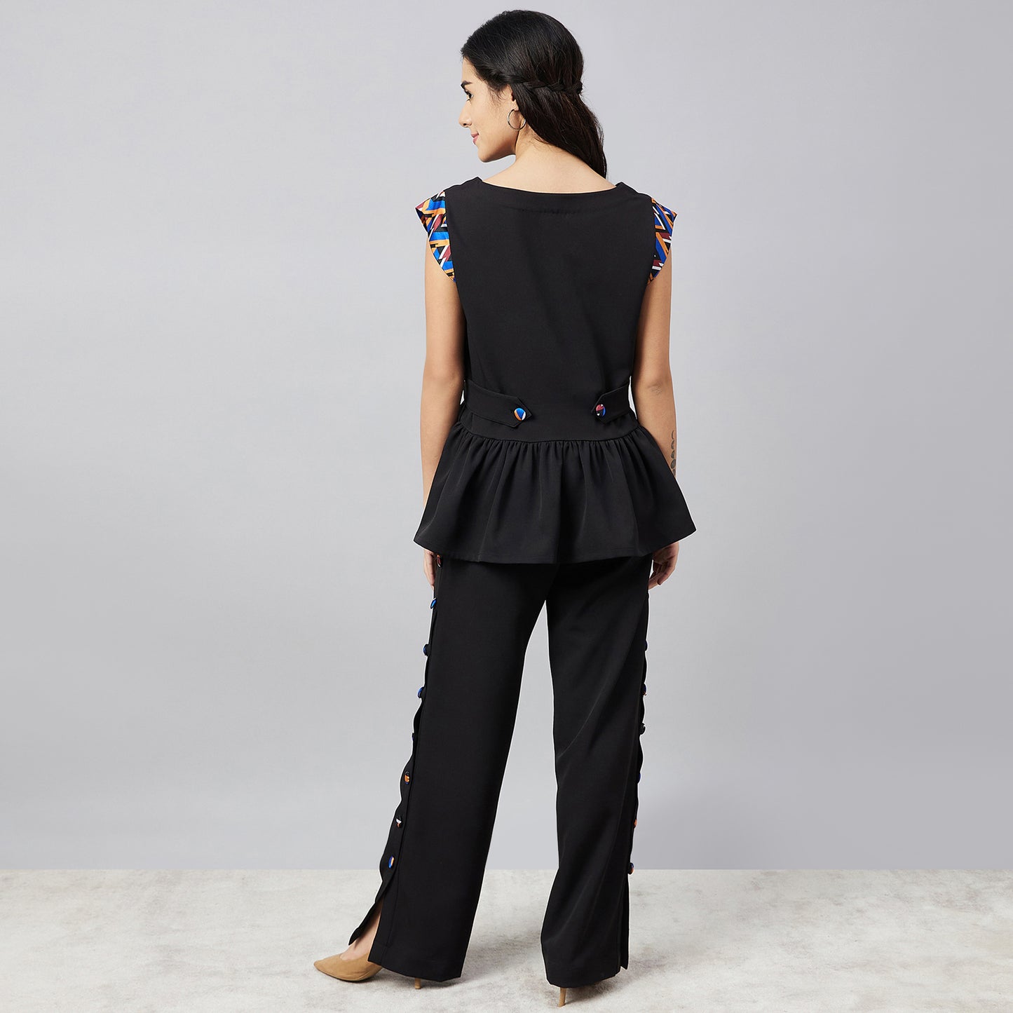 Black Peplum Top and Button Down Straight Pants Set