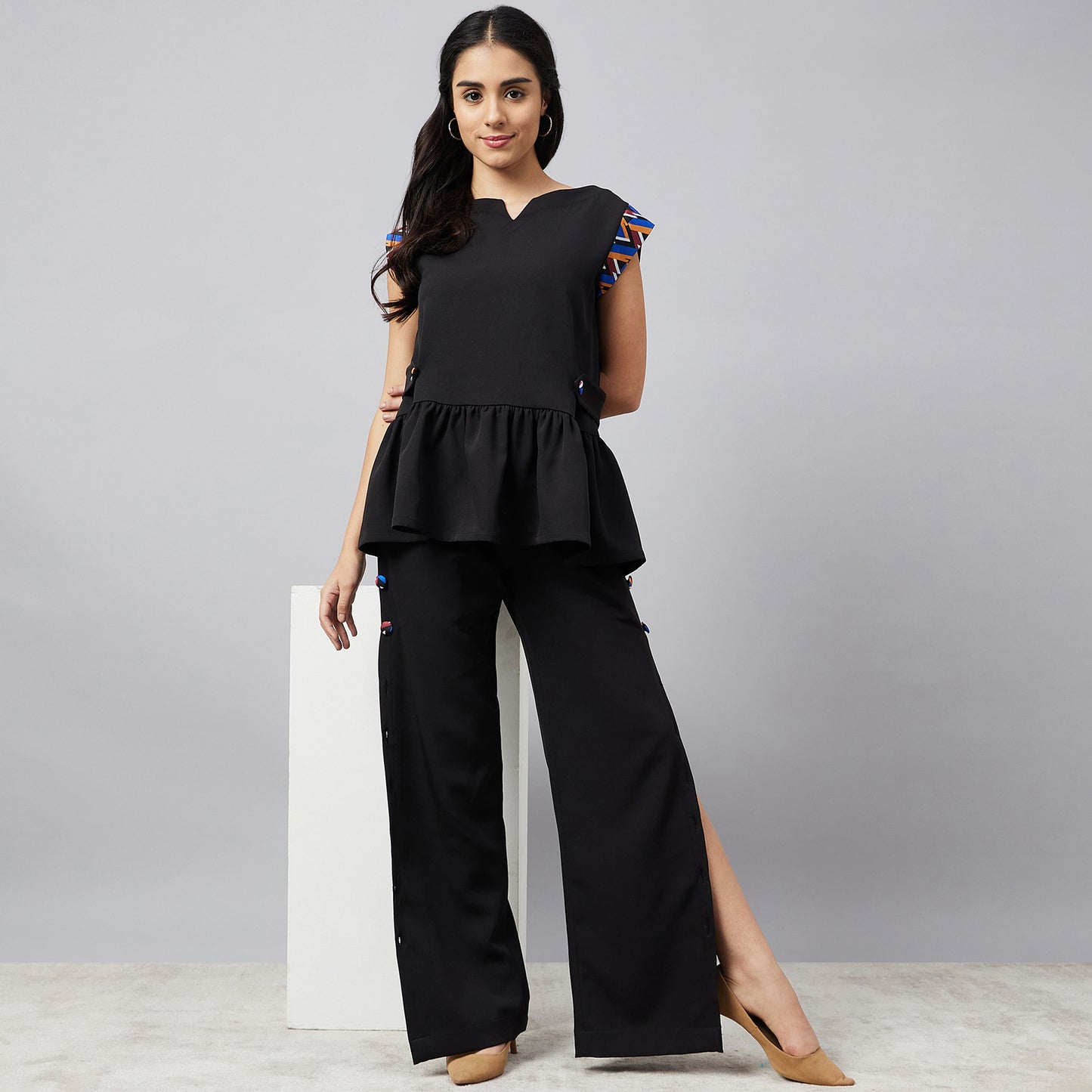 Black Peplum Top and Button Down Straight Pants Set