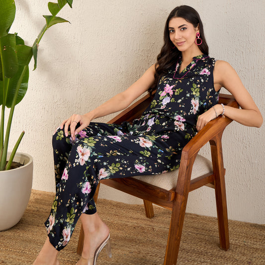 Black and Pink Garden Print Sleeveless Co-ordinate Set