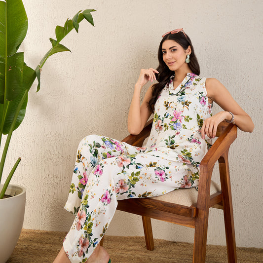 White and Pink Garden Print Sleeveless Co-ordinate Set