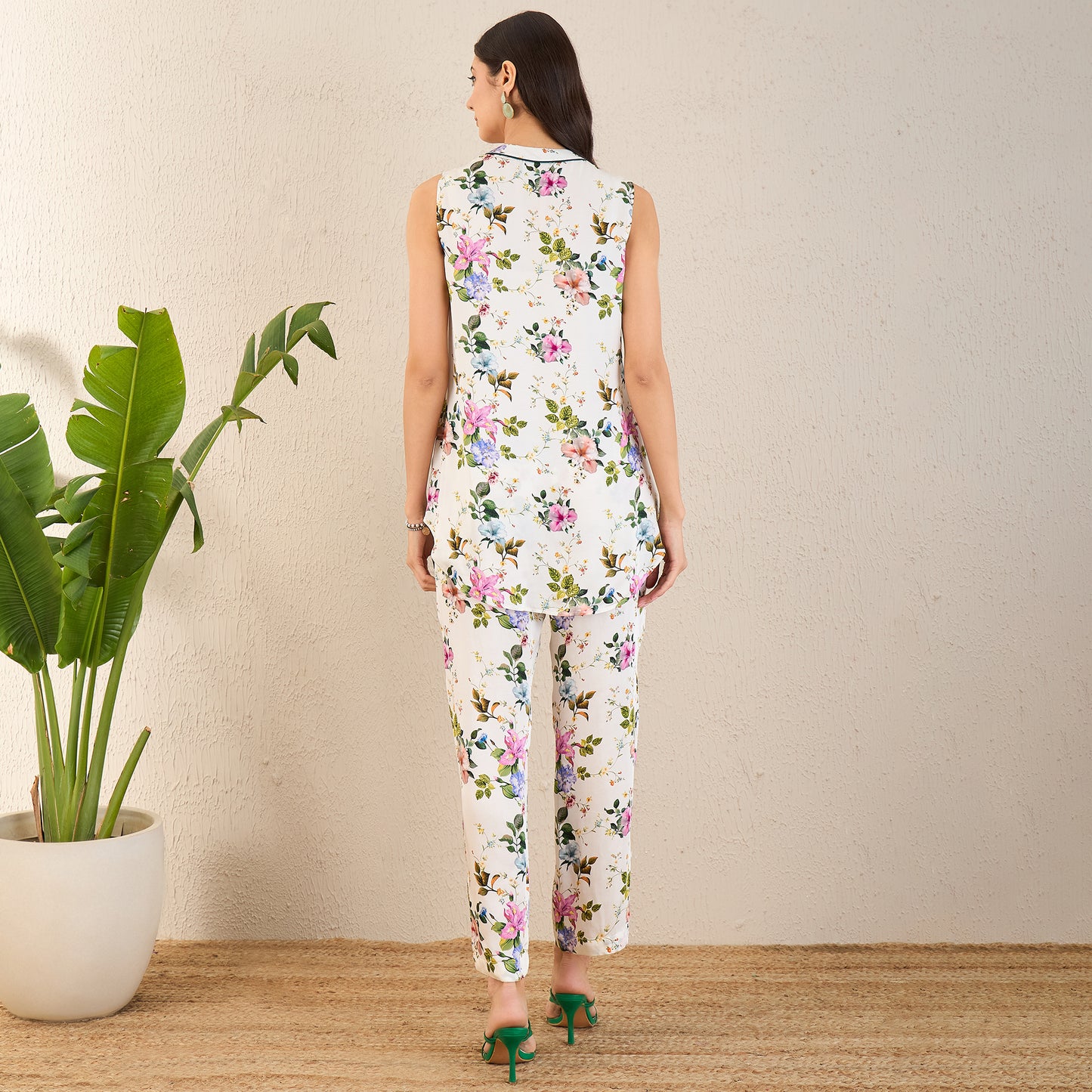 White and Pink Garden Print Sleeveless Co-ordinate Set