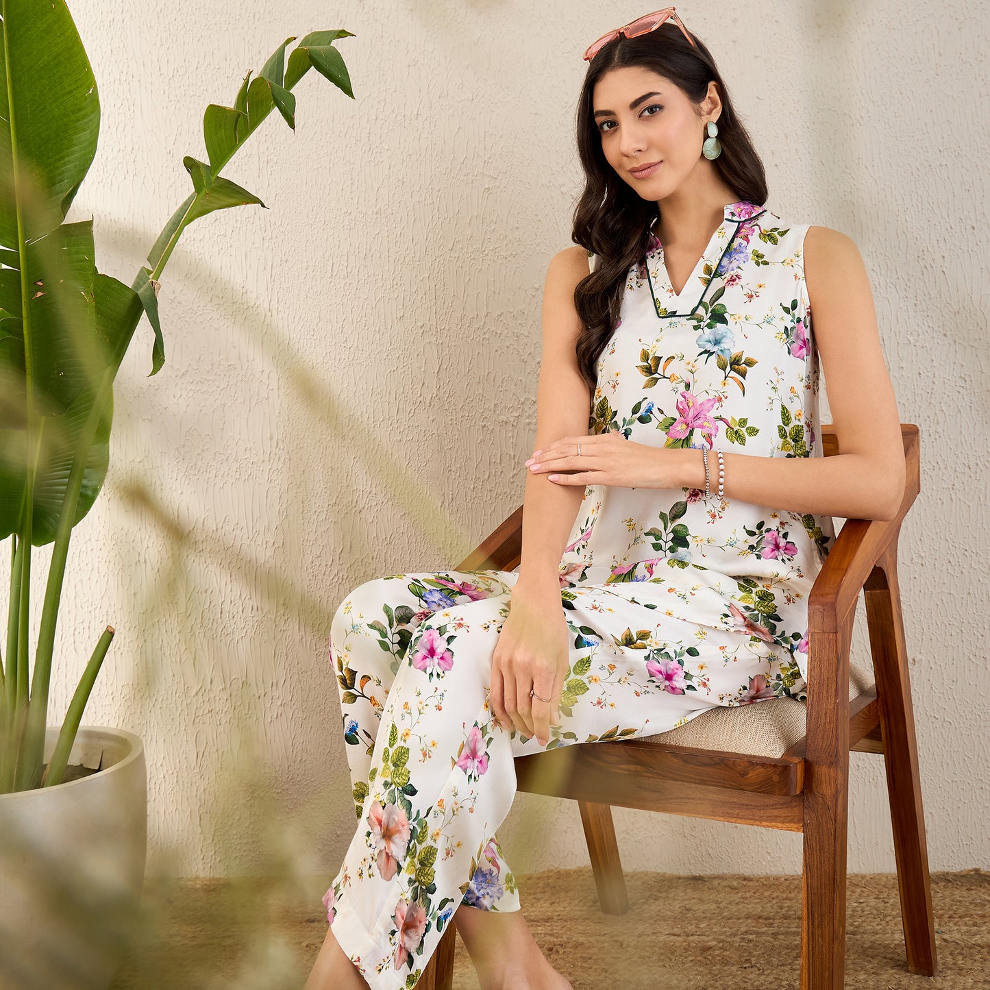 White and Pink Garden Print Sleeveless Co-ordinate Set