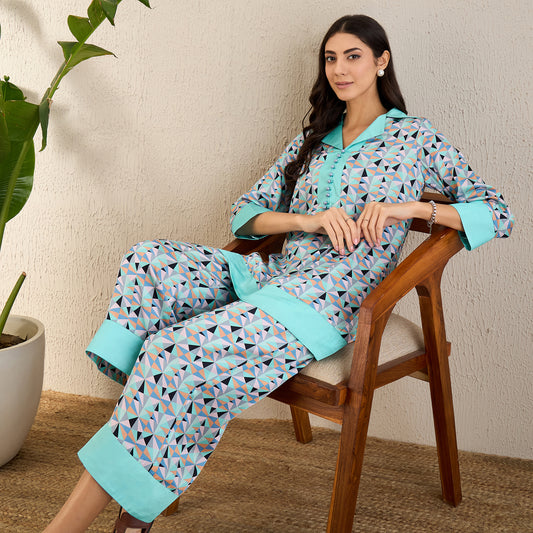 Aqua and Grey Geometric Print Co-ordinate Set