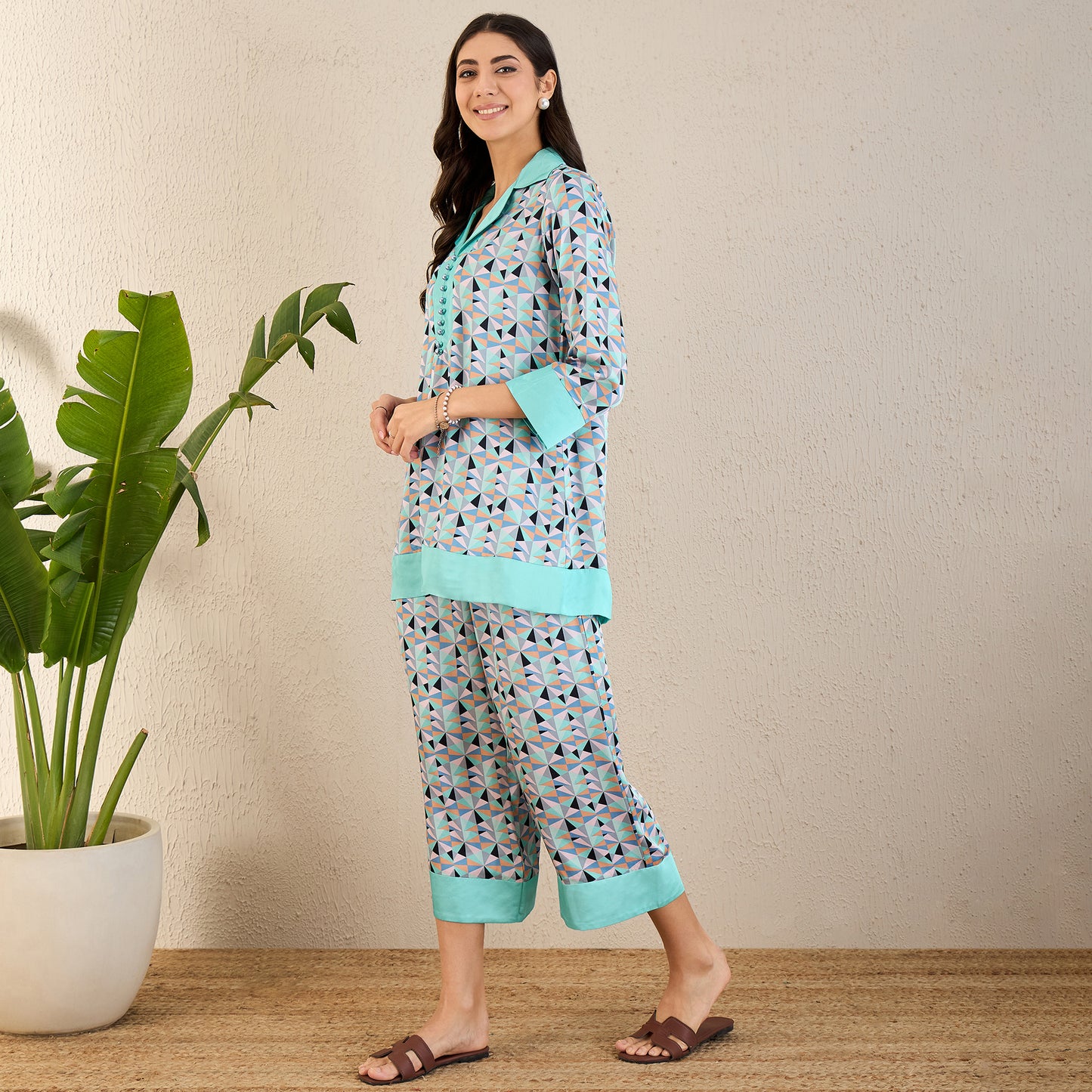Aqua and Grey Geometric Print Co-ordinate Set