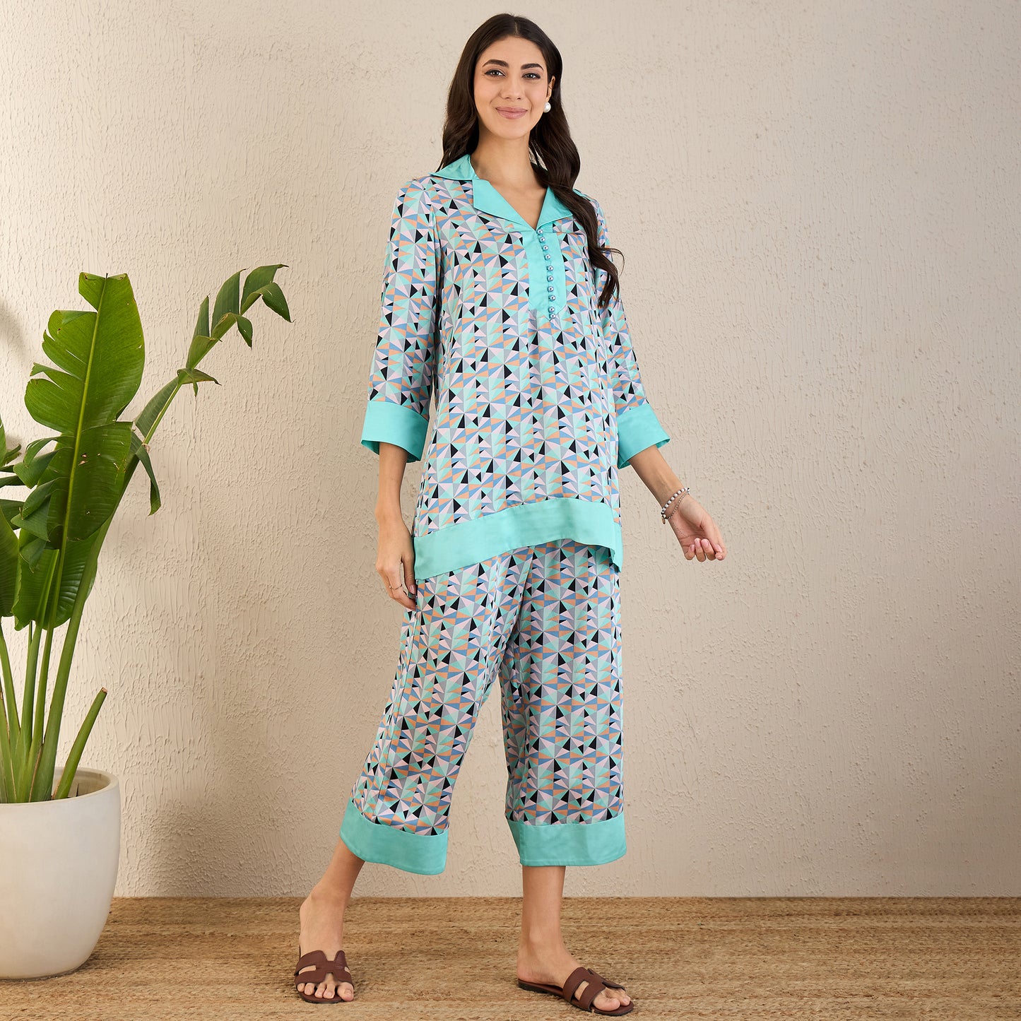 Aqua and Grey Geometric Print Co-ordinate Set