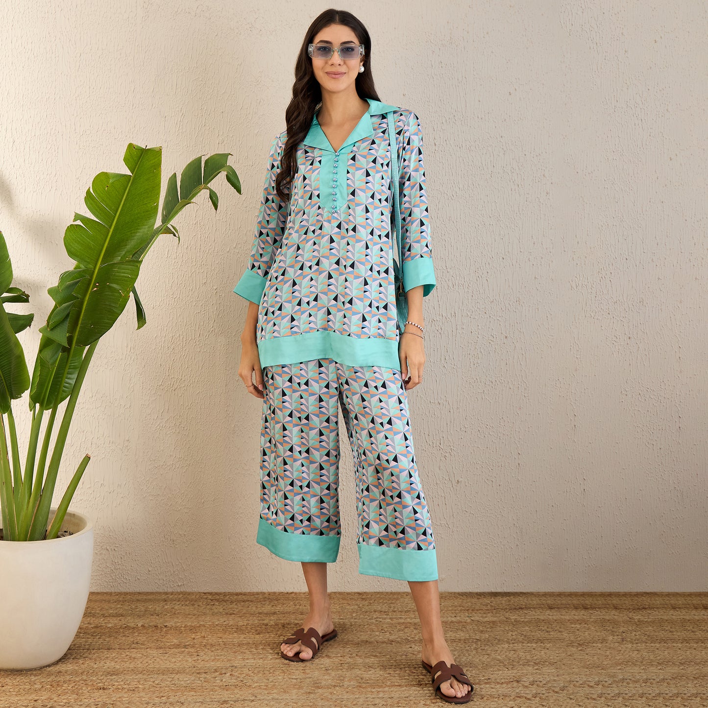 Aqua and Grey Geometric Print Co-ordinate Set