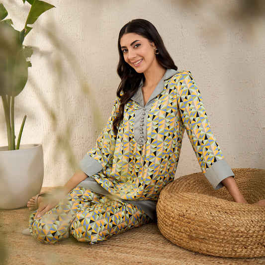 Pale Grey and Lemon Geometric Print Co-ordinate Set