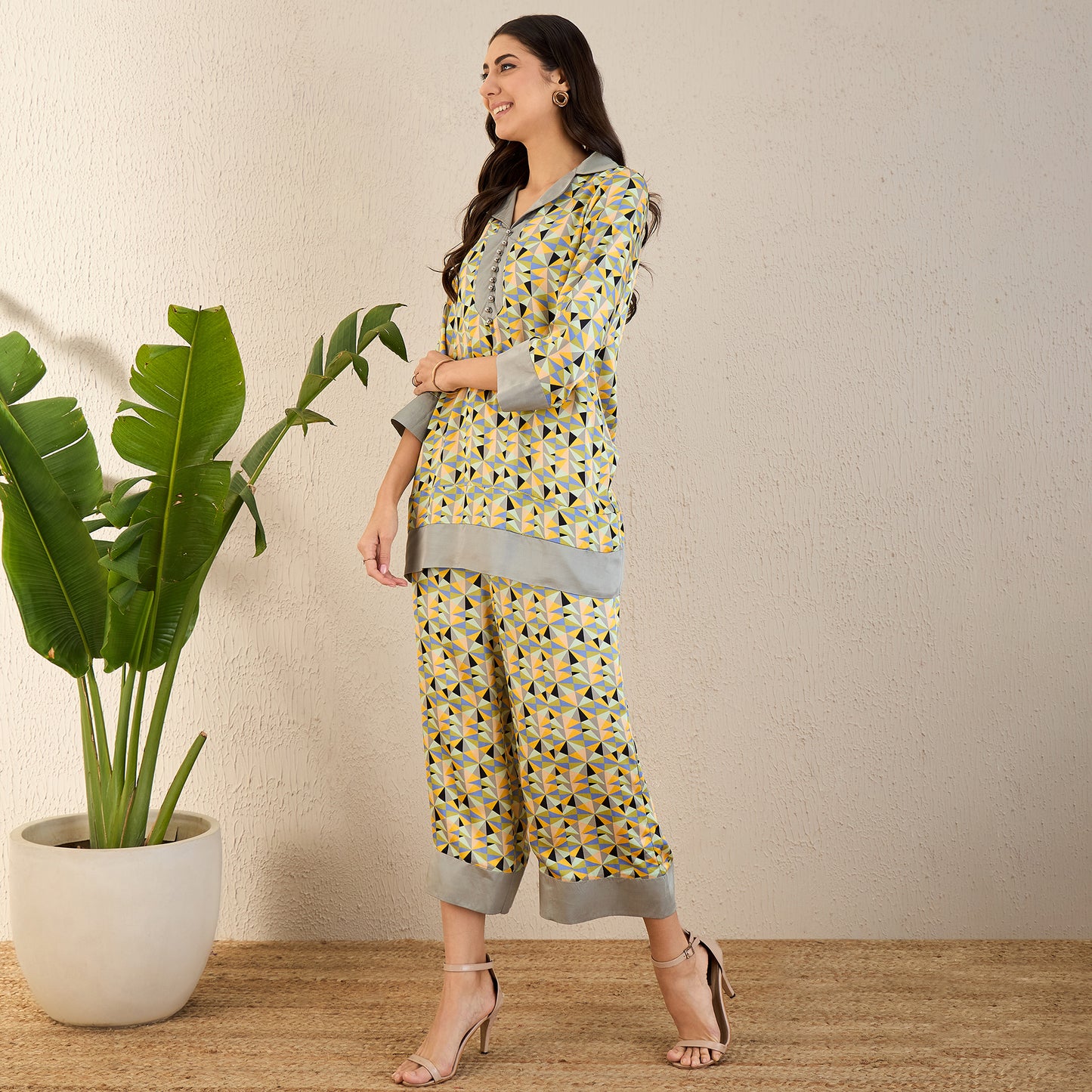 Pale Grey and Lemon Geometric Print Co-ordinate Set