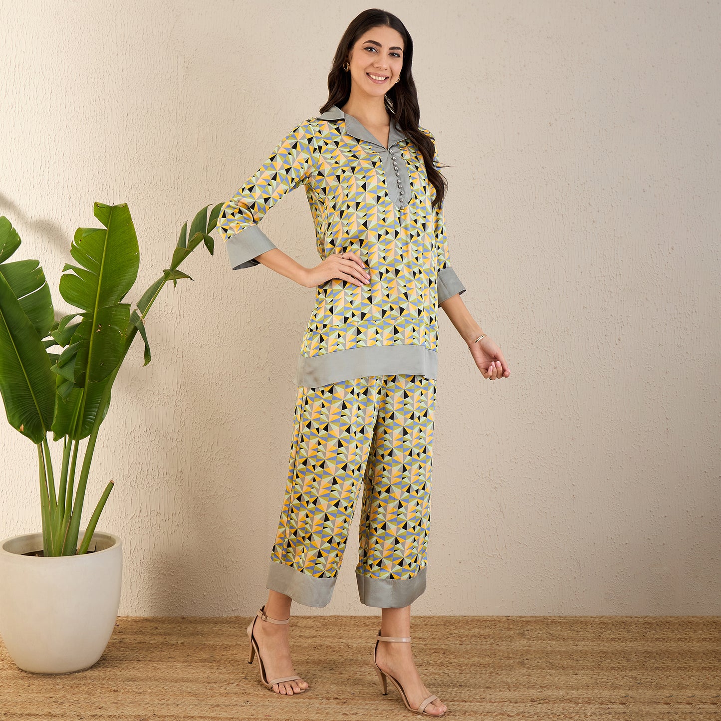 Pale Grey and Lemon Geometric Print Co-ordinate Set