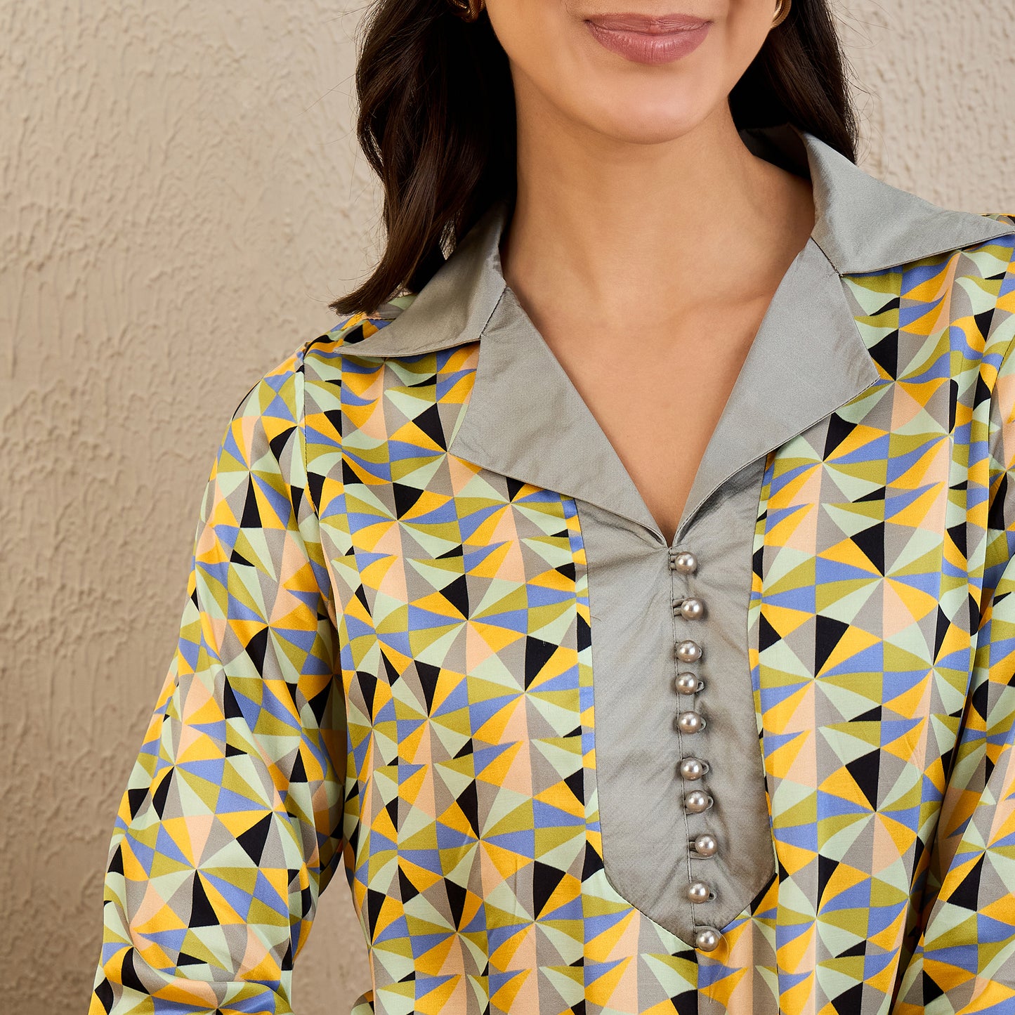 Pale Grey and Lemon Geometric Print Co-ordinate Set