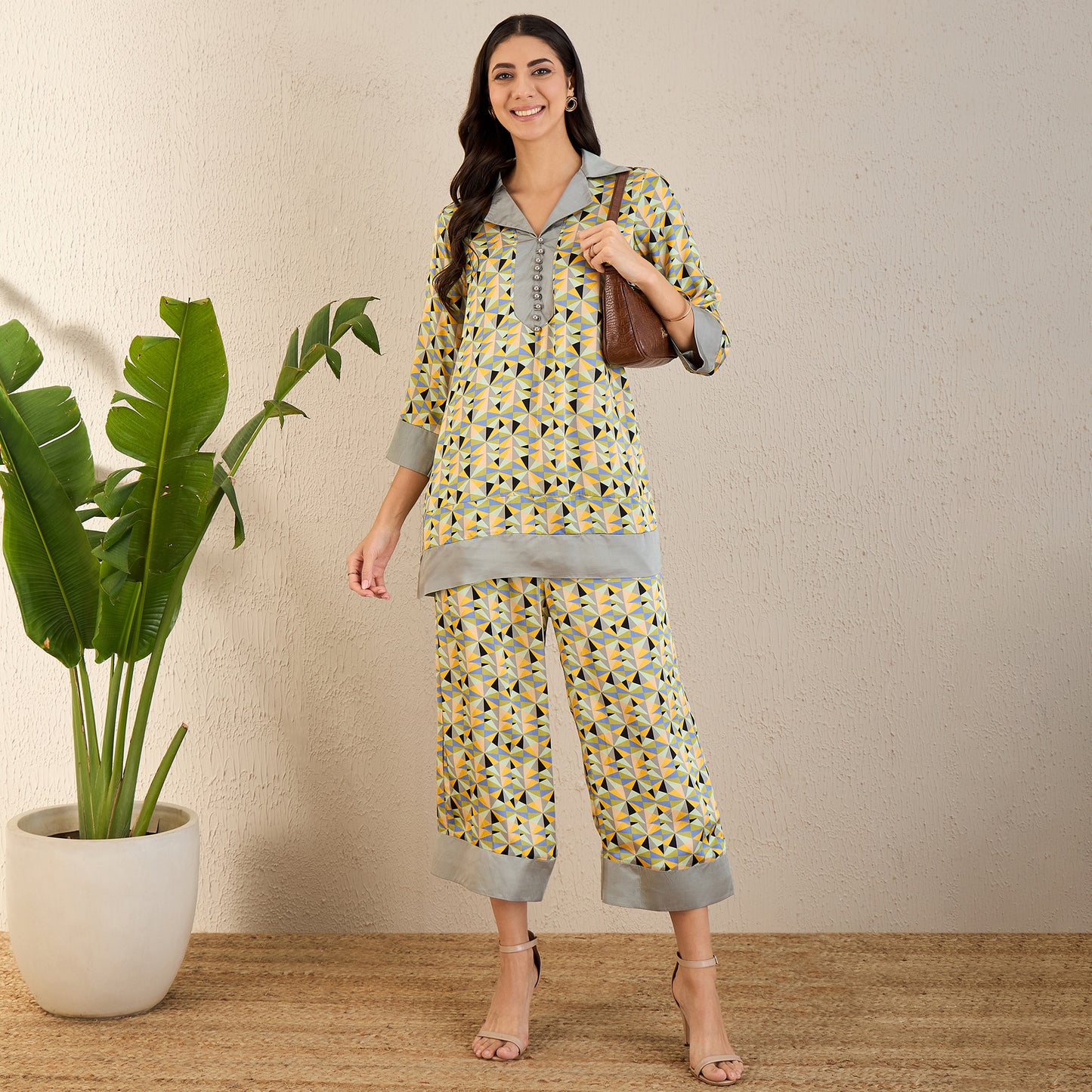 Pale Grey and Lemon Geometric Print Co-ordinate Set