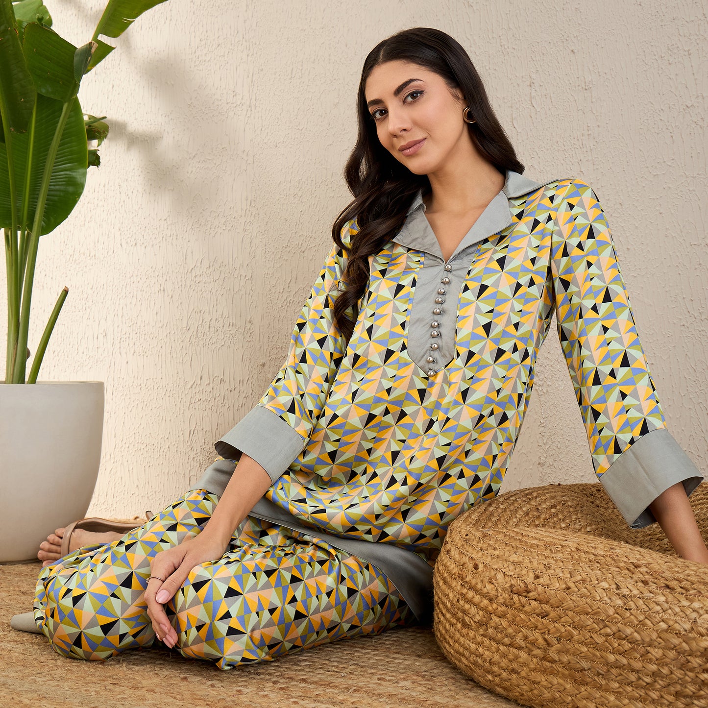 Pale Grey and Lemon Geometric Print Co-ordinate Set