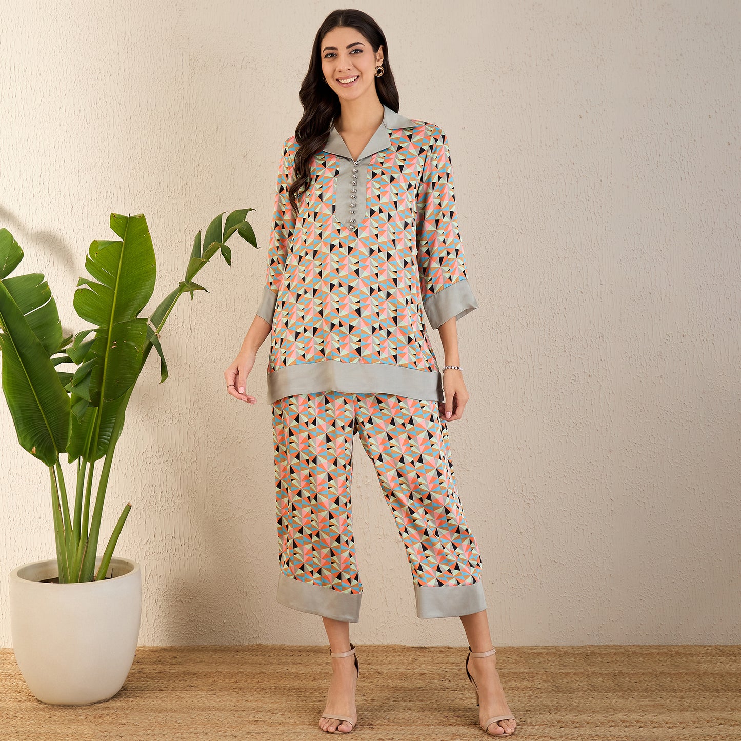Pale Grey and Peach Geometric Print Co-ordinate Set