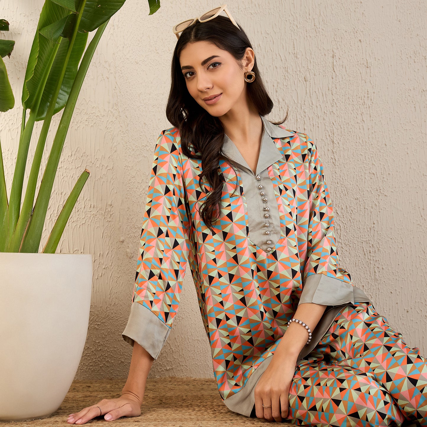 Pale Grey and Peach Geometric Print Co-ordinate Set