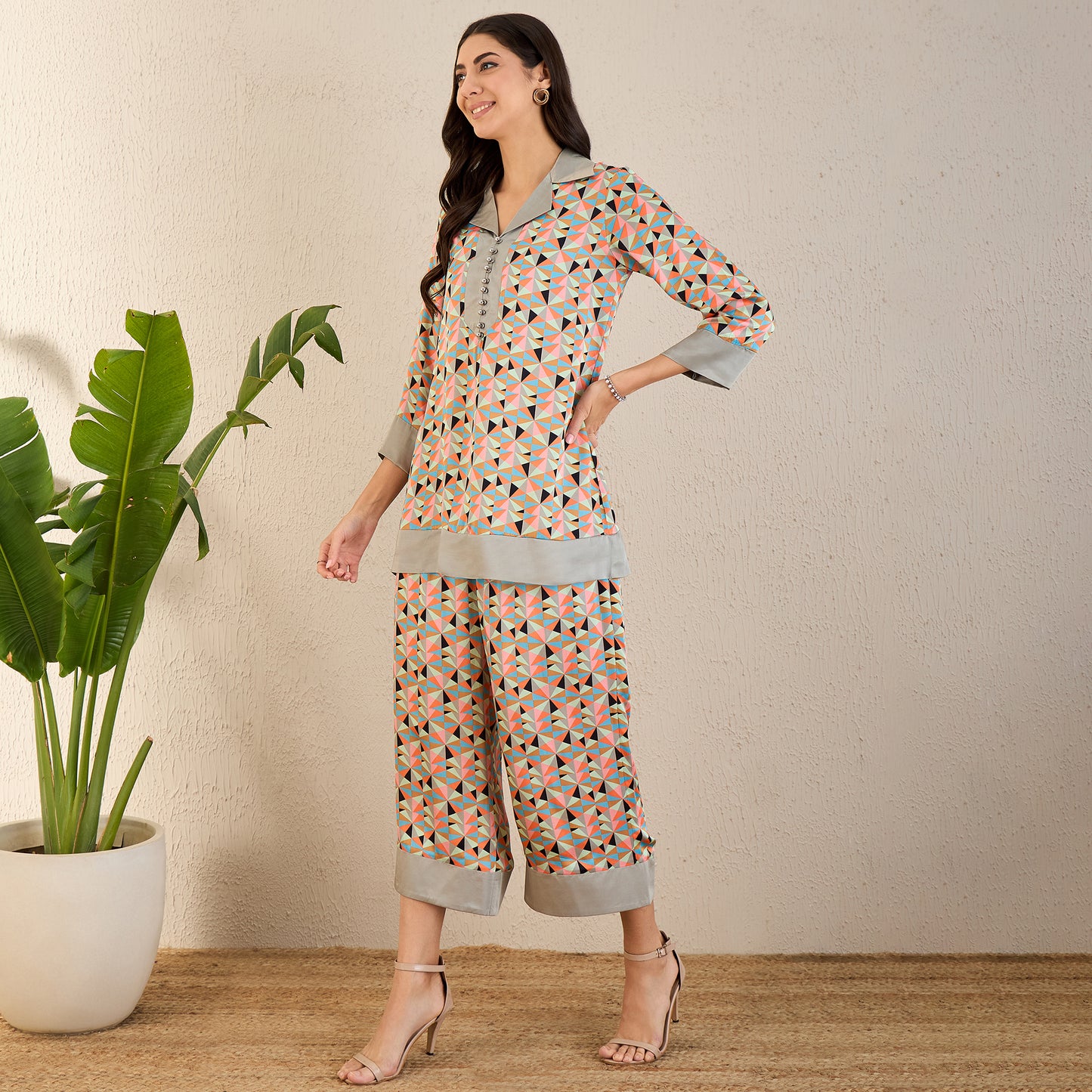 Pale Grey and Peach Geometric Print Co-ordinate Set