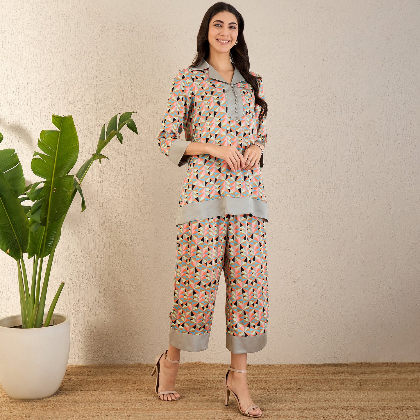 Pale Grey and Peach Geometric Print Co-ordinate Set