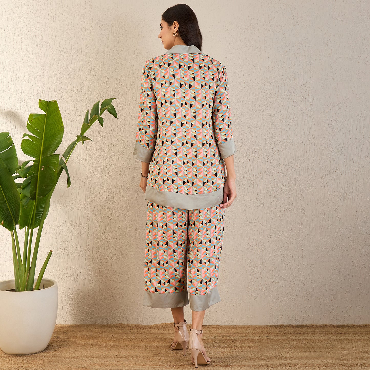 Pale Grey and Peach Geometric Print Co-ordinate Set