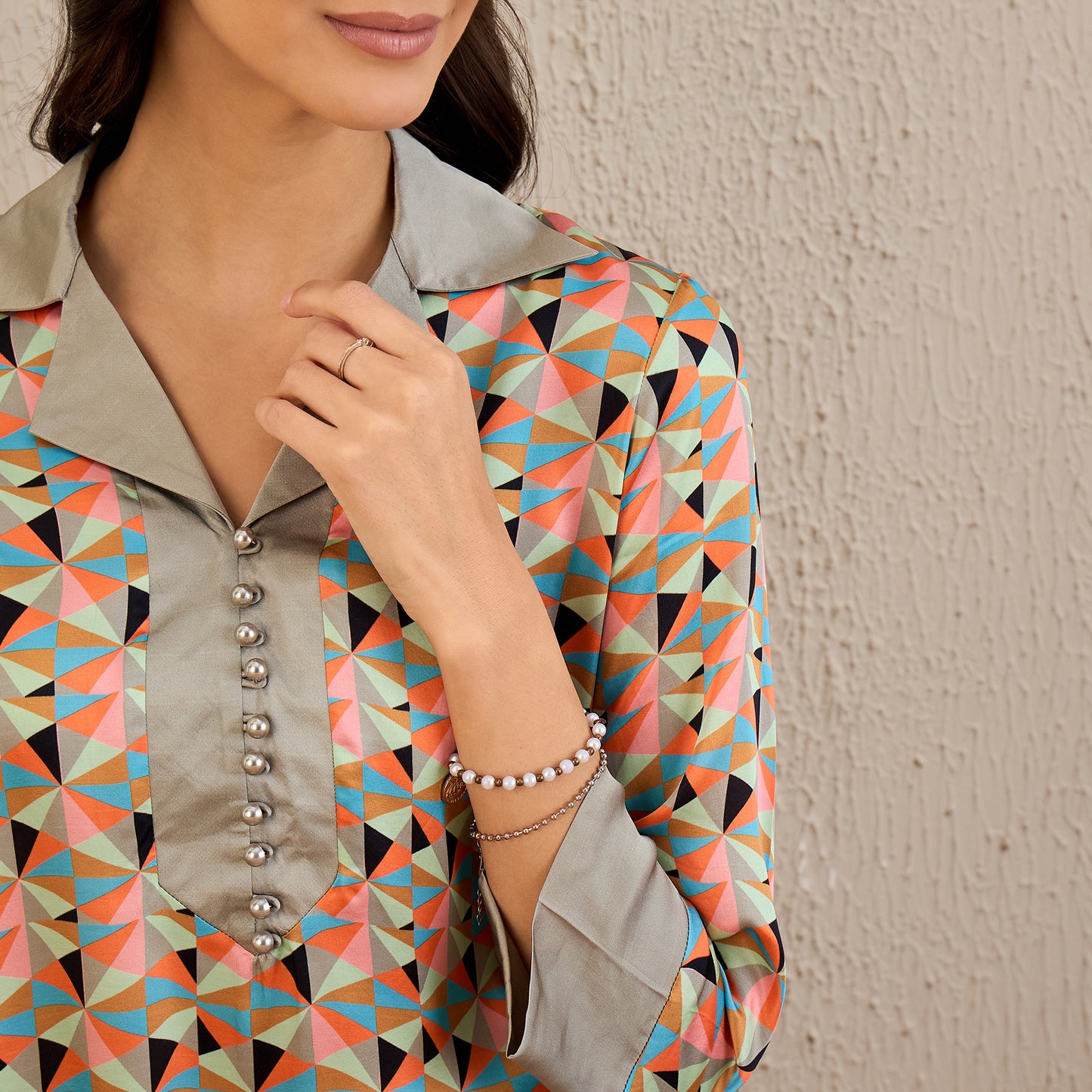 Pale Grey and Peach Geometric Print Co-ordinate Set