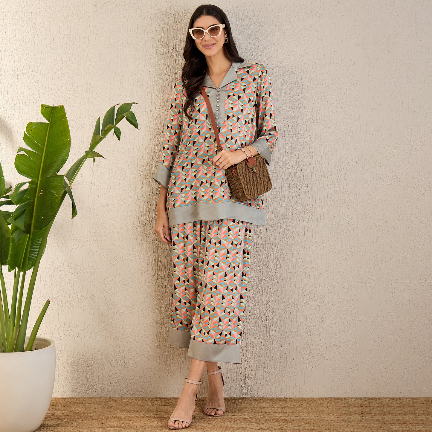 Pale Grey and Peach Geometric Print Co-ordinate Set