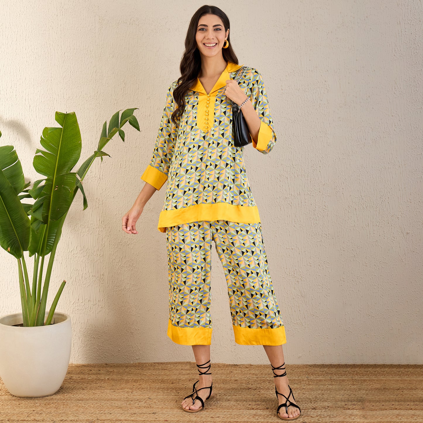 Primrose Yellow and Black Geometric Print Co-ordinate Set