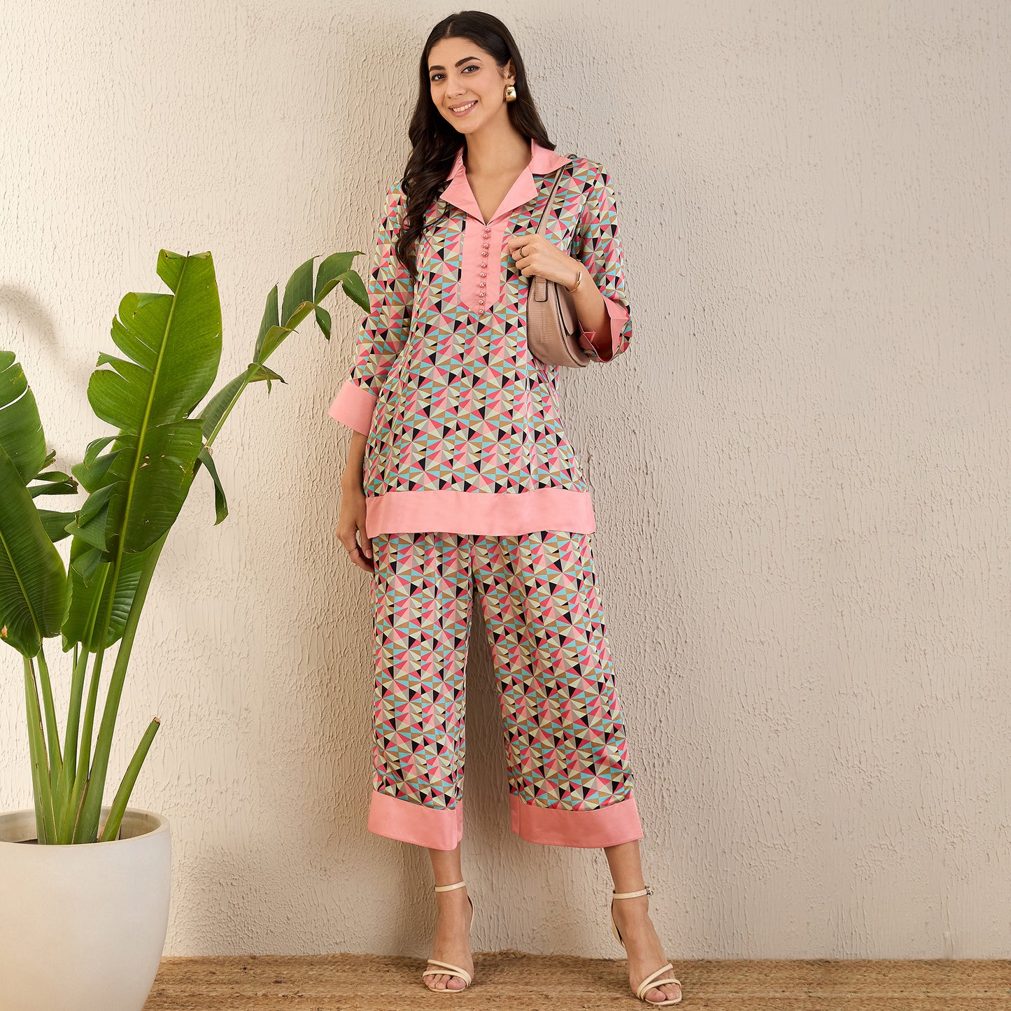 Rose Pink and Cyan Geometric Print Co-ordinate Set