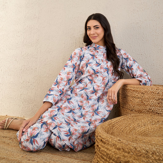 White and Indigo Blue Botanical Print Schiffli Co-ordinate Set