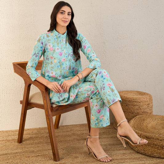 Aquamarine Floral Print Schiffli Co-ordinate Set