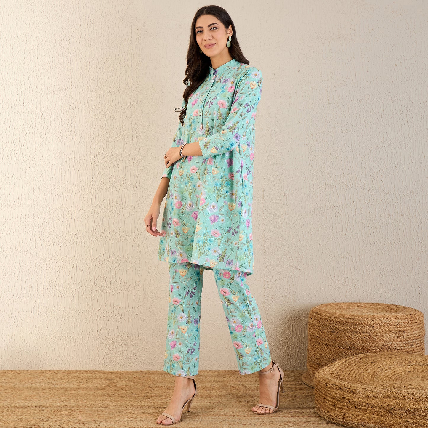 Aquamarine Floral Print Schiffli Co-ordinate Set