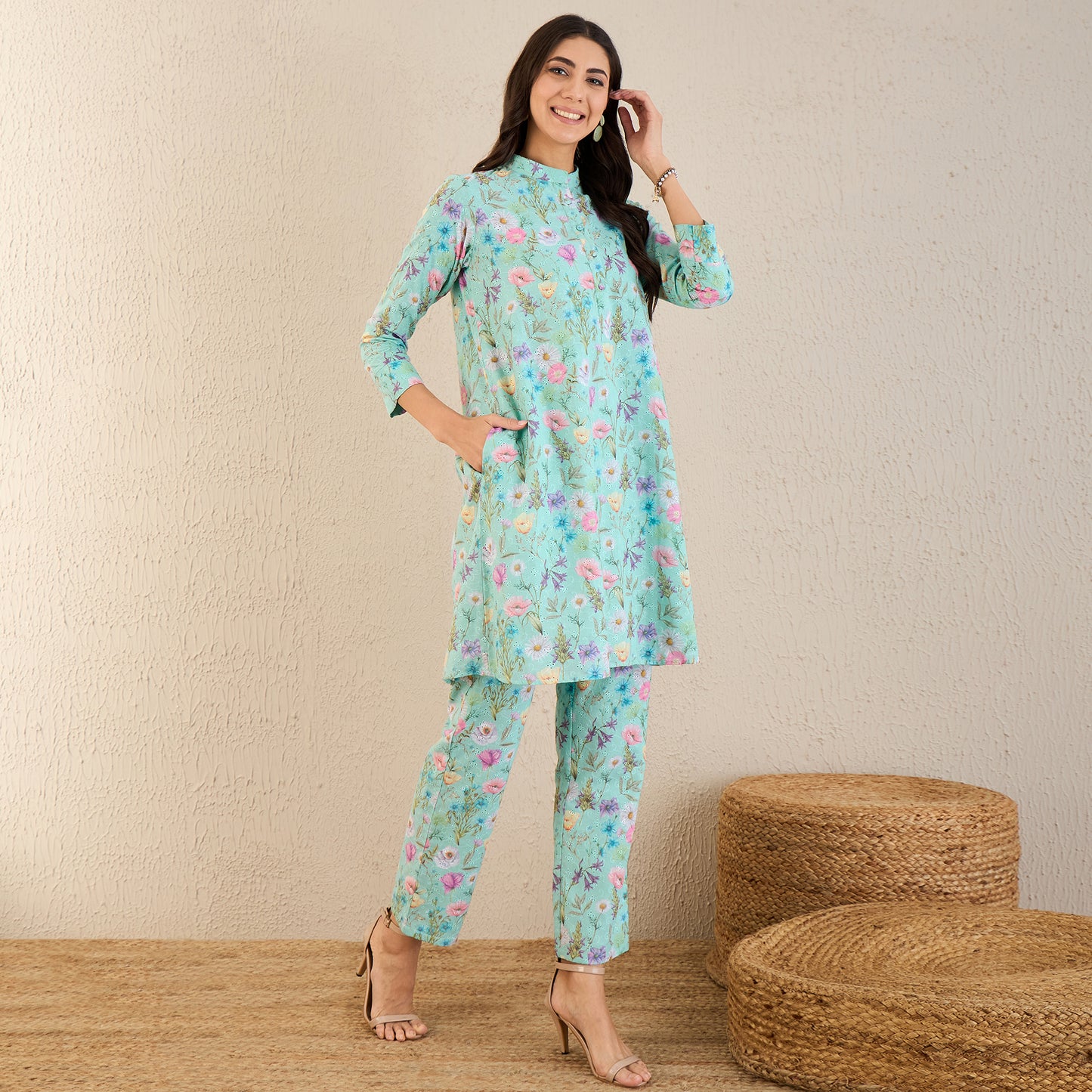 Aquamarine Floral Print Schiffli Co-ordinate Set