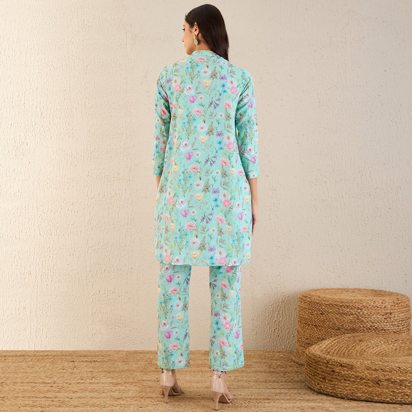 Aquamarine Floral Print Schiffli Co-ordinate Set