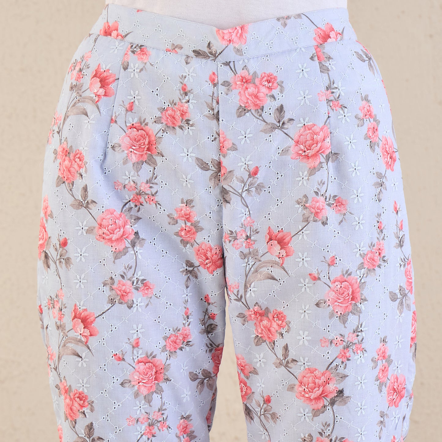 Ice Blue and Pink Floral Print Schiffli Co-ordinate Set