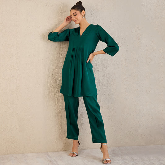 Teal Crystal Embellished Satin Co-ordinate Set with Pleats