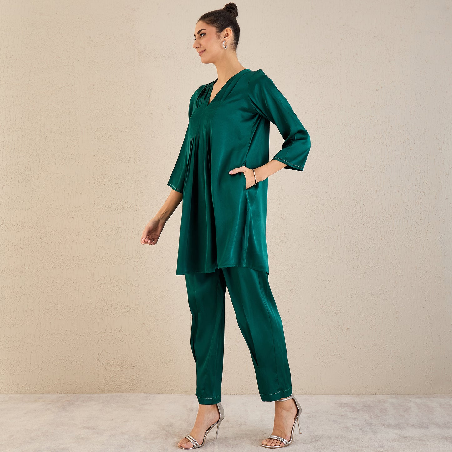 Teal Crystal Embellished Satin Co-ordinate Set with Pleats