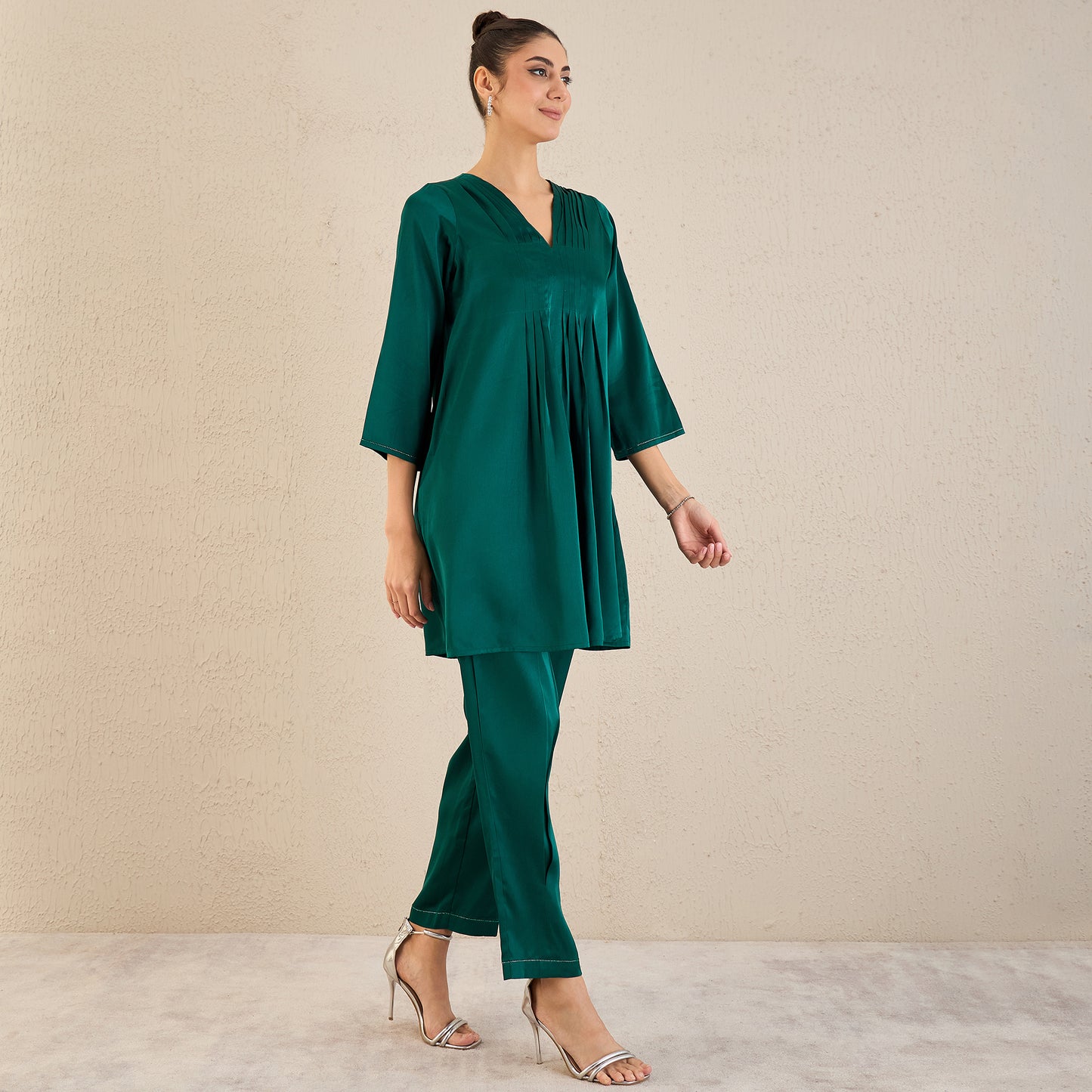 Teal Crystal Embellished Satin Co-ordinate Set with Pleats