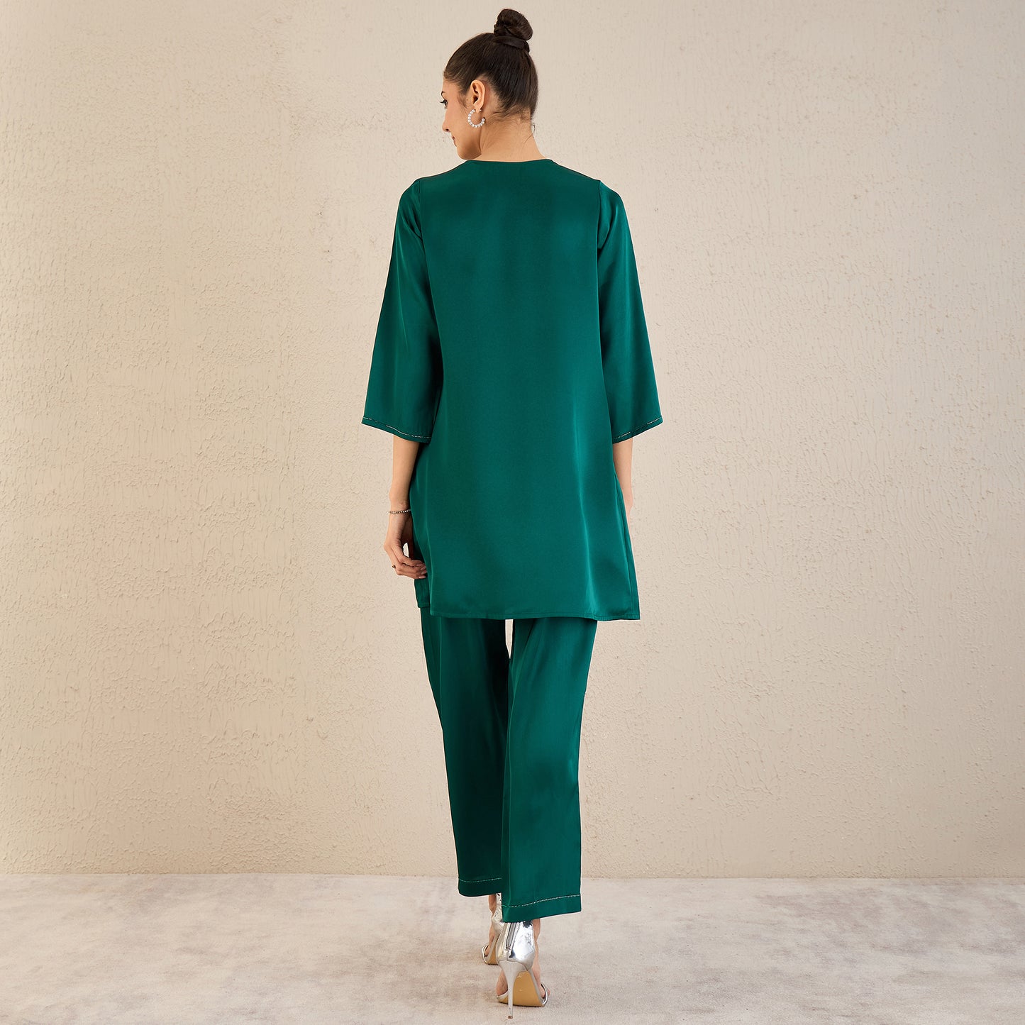 Teal Crystal Embellished Satin Co-ordinate Set with Pleats