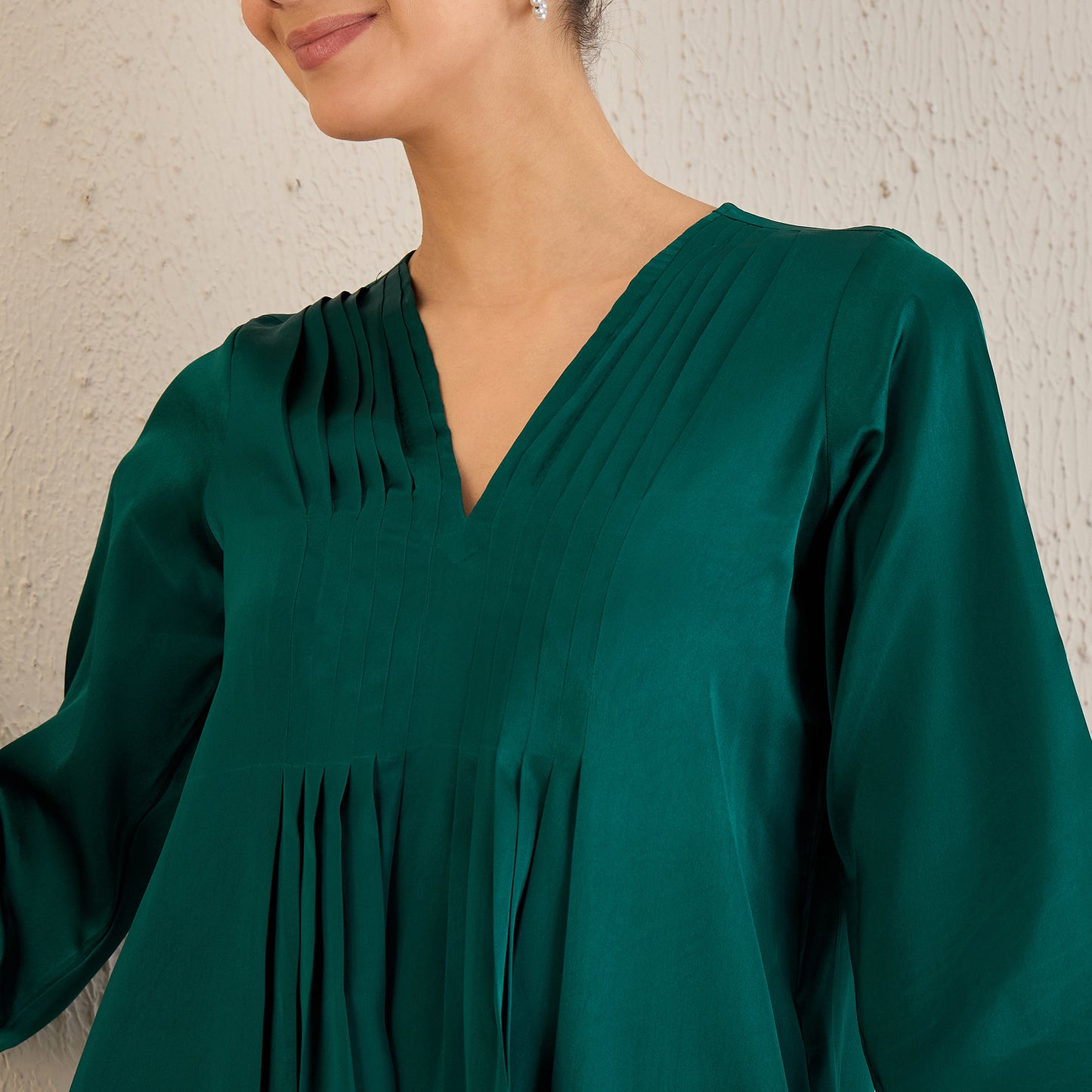 Teal Crystal Embellished Satin Co-ordinate Set with Pleats