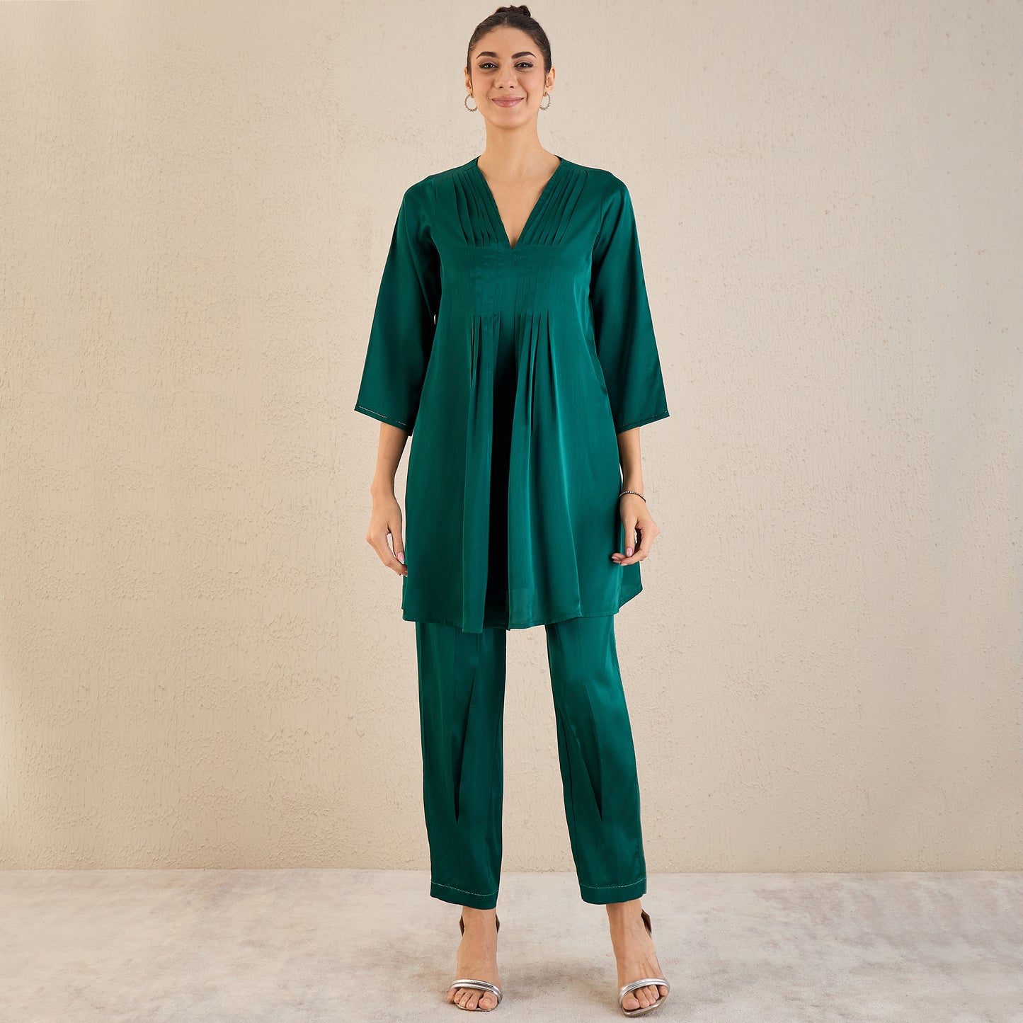 Teal Crystal Embellished Satin Co-ordinate Set with Pleats
