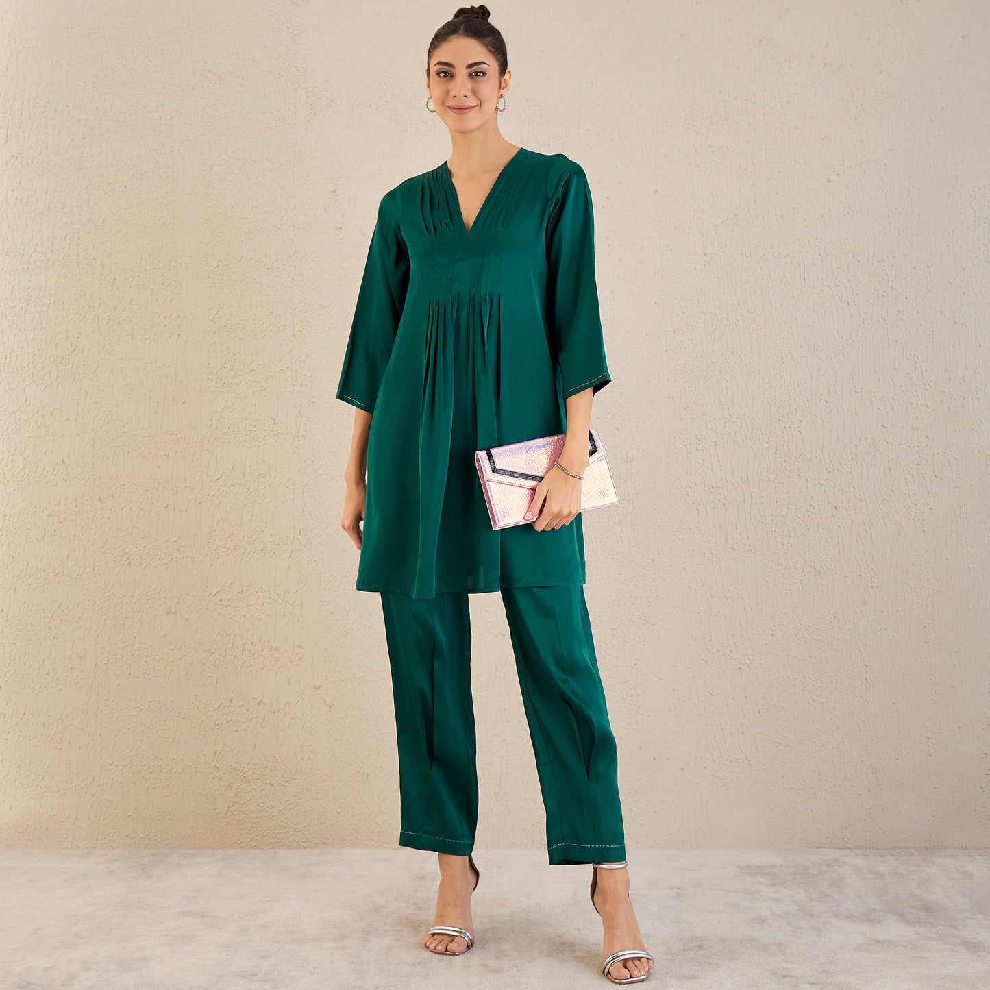 Teal Crystal Embellished Satin Co-ordinate Set with Pleats