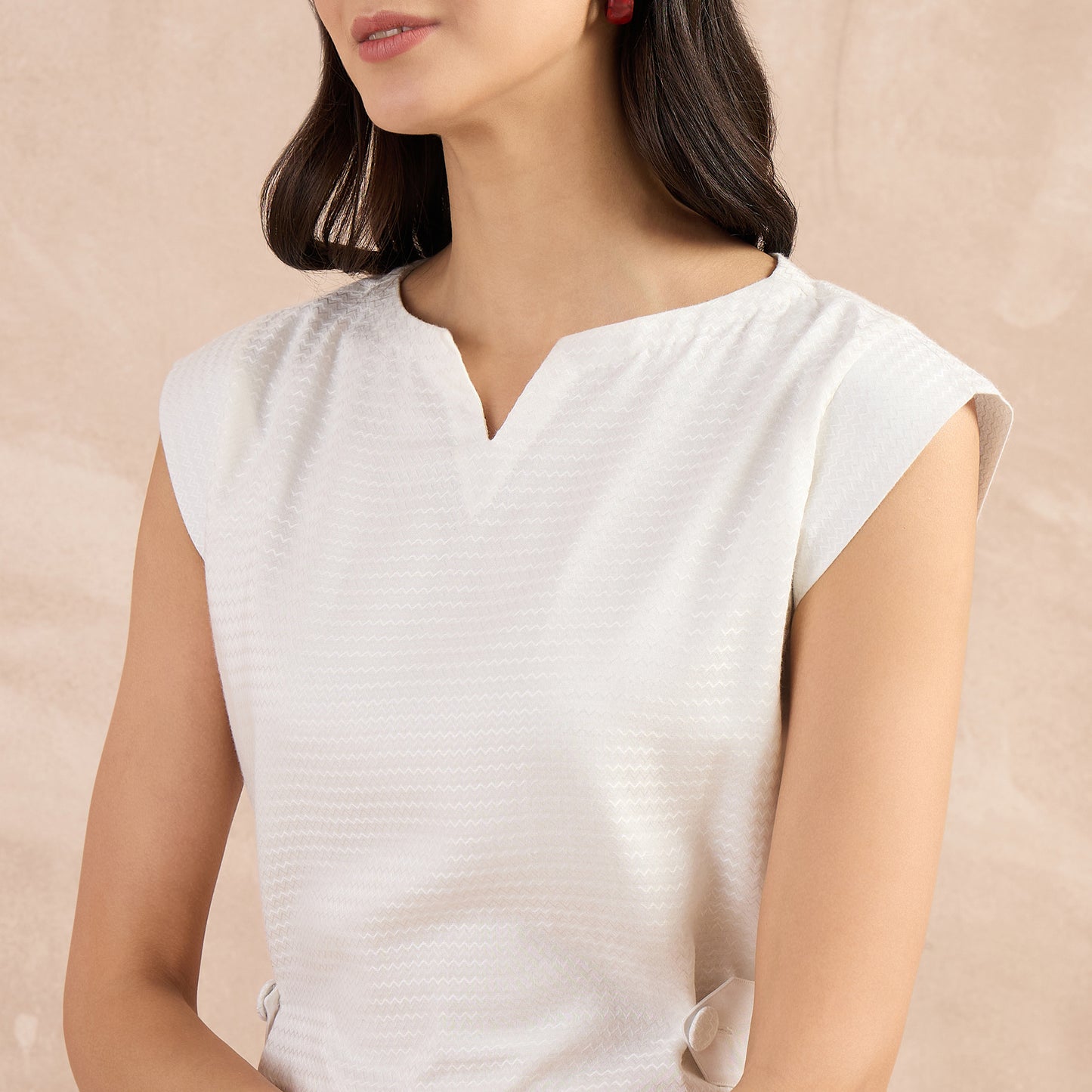 Off-White Herringbone Peplum Top and Button Down Straight Pants Set
