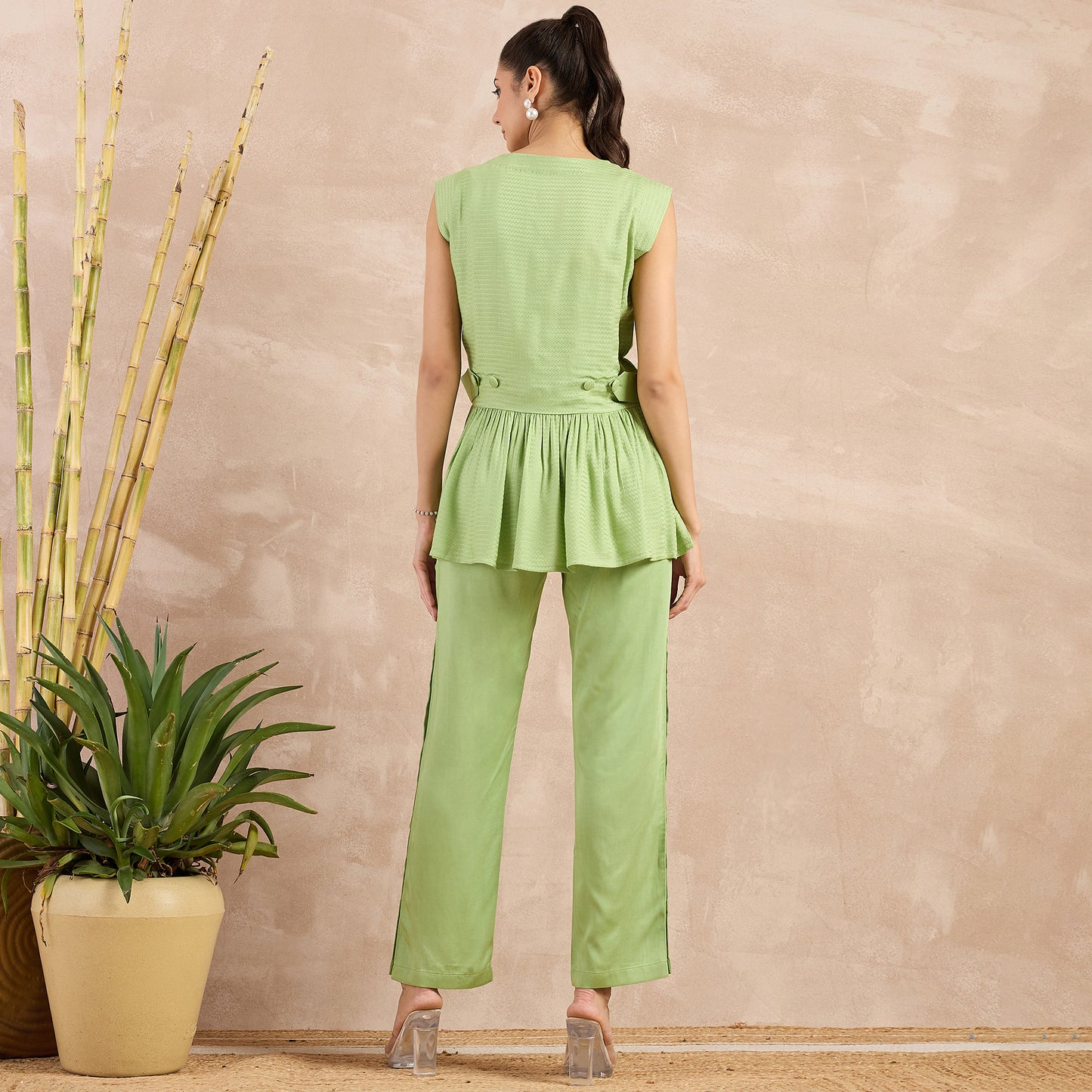 Pastel Green Herringbone Peplum Top and Button Down Straight Pants Set