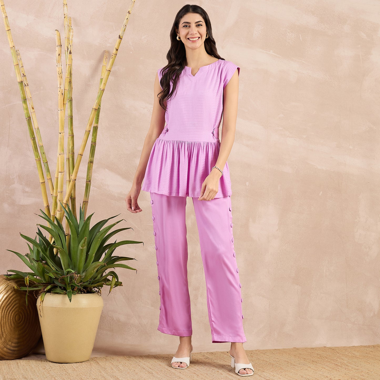 Purple Herringbone Peplum Top and Button Down Straight Pants Set