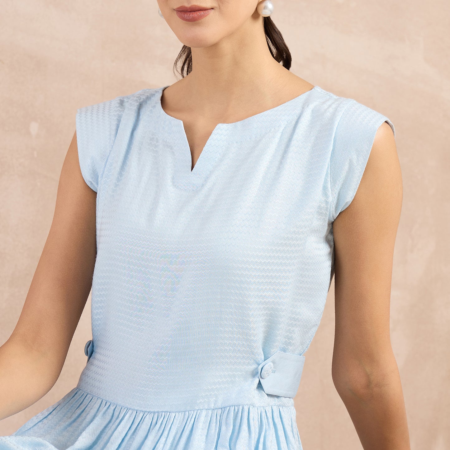 Sky Blue Herringbone Peplum Top and Button Down Straight Pants Set