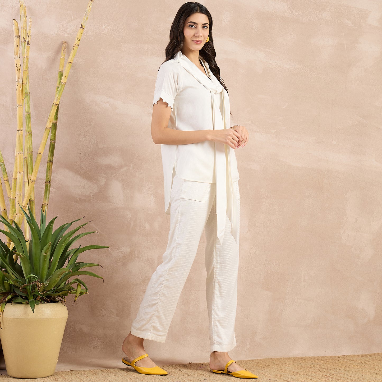 Off-White Herringbone High-Low Top with Belt and Trouser Set