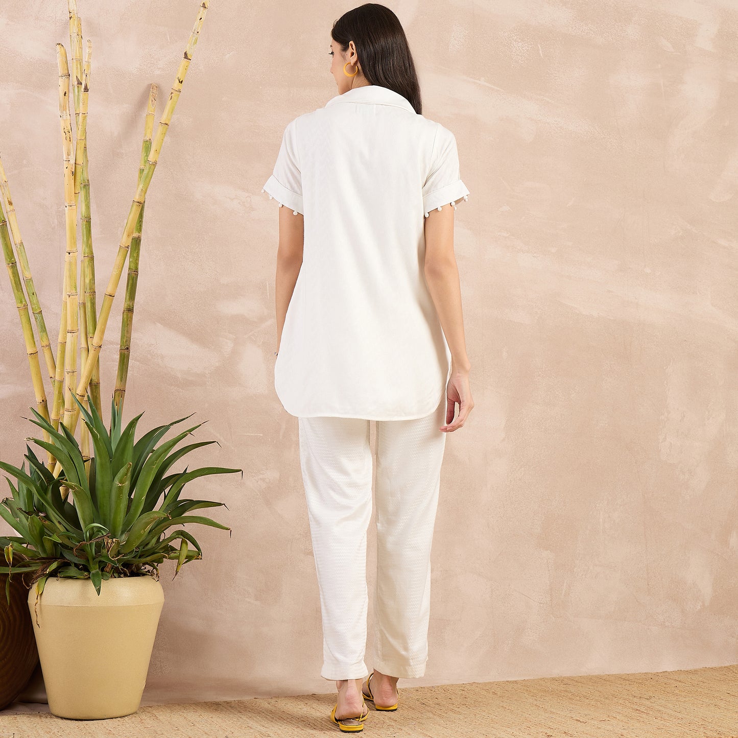 Off-White Herringbone High-Low Top with Belt and Trouser Set